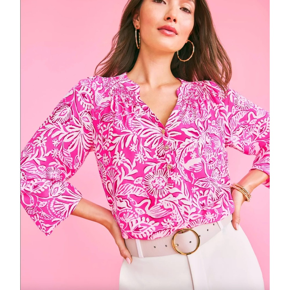 Lilly Pulitzer Elsa Silk Top in Pink Absolutely Flamazing sz L